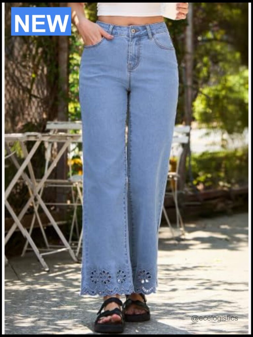 Wide Leg Embroidered Jeans High Waisted Stretchy Straight Leg Loose Fit Ankle - Picture 6 of 7